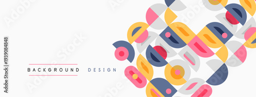 Abstract geometric shapes overlap, creating colorful background. Soft pink hues dominate design, with blue, yellow accents. Modern, minimalist aesthetic.