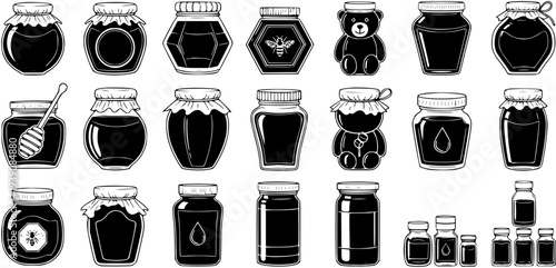 Black and white vector illustration set of various honey jars and containers. Includes bear shapes, hexagonal, and traditional glass designs with lids and a honey dipper. Ideal for packaging.