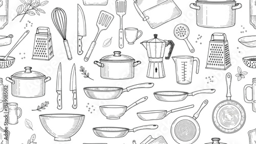 Detailed seamless pattern featuring hand drawn kitchen utensils including various pots pans knives and other essential cooking tools.