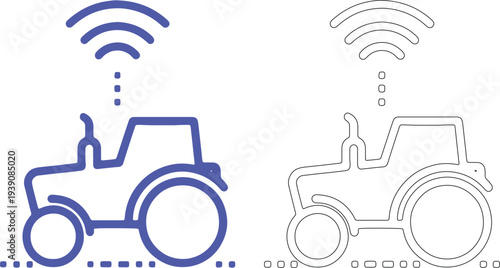 Blue tractor with wifi signal and outline version technology