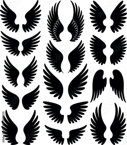 A collection of black wing silhouettes on a white background, featuring various wing designs and shapes.