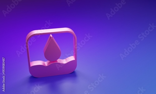 Pink Water drop icon isolated on purple-blue background. Minimalism concept. 3D render illustration