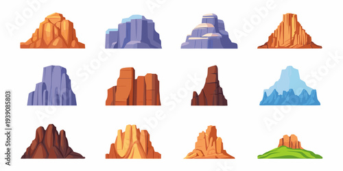 Collection of cartoon mountains in various colors and shapes