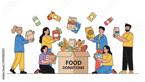 Diverse group of people work together to collect and pack various food items into a large cardboard box for charity food donations.
