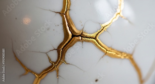 Golden Kintsugi Art on White Ceramic.