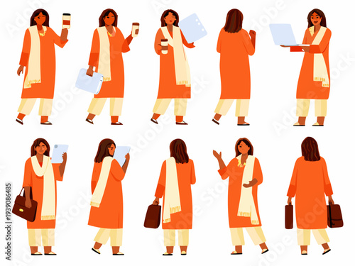 Diverse group of women in orange kurtas with varying poses and devices