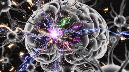 Neuron with vibrant electrical impulses in a brain-like structure