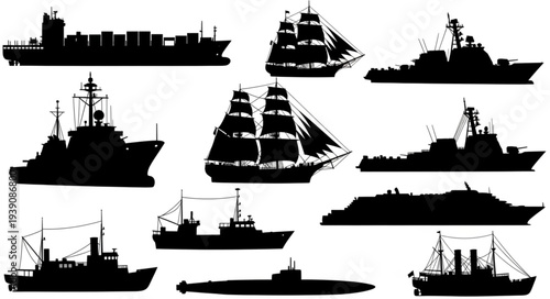 Collection of various ship silhouettes including cargo, sailing, and military vessels.