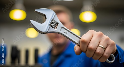 Wallpaper Mural Professional mechanic holding adjustable wrench in workshop with bright lighting Torontodigital.ca