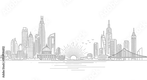 City Skyline Illustration with Skyscrapers and Bridge.