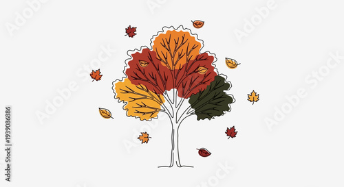 Colorful Tree with Falling Leaves Illustration 1.