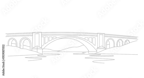 Detailed Line Drawing of Stone Arch Bridge.