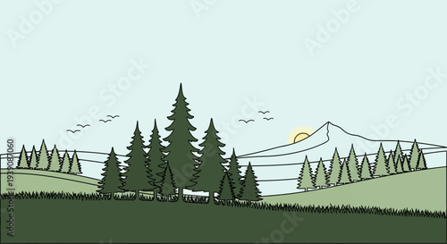 Evergreen Trees in Landscape Illustration.