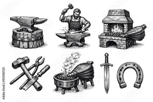 Blacksmith Workshop vintage woodcut Engraving Illustration in Hand-Drawn Line Art Style