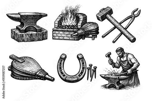 Blacksmith Workshop vintage woodcut Engraving Illustration in Hand-Drawn Line Art Style