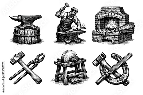 Blacksmith Workshop vintage woodcut Engraving Illustration in Hand-Drawn Line Art Style
