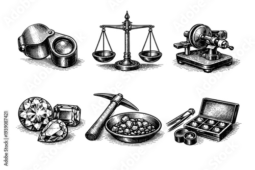 Gemstone Mining and Jewelry Craft Vintage Engraving woodcut Illustration Set