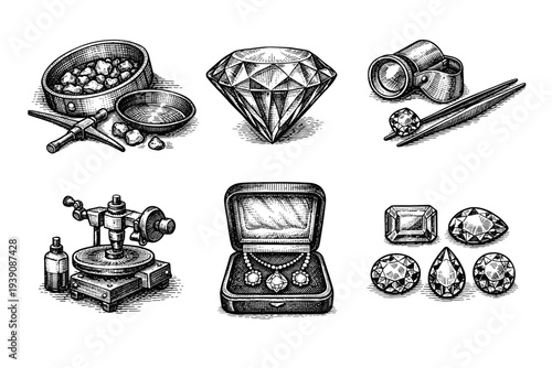 Gemstone Mining and Jewelry Craft Vintage Engraving woodcut Illustration Set