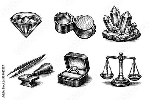 Gemstone Mining and Jewelry Craft Vintage Engraving woodcut Illustration Set