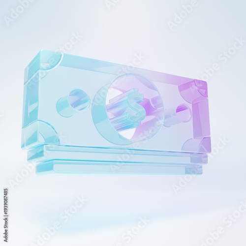 Frosted glass Stacks paper money cash icon isolated on white background. Money banknotes stacks. Bill currency. Minimalism concept. 3D render illustration