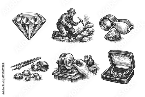 Gemstone Mining and Jewelry Craft Vintage Engraving woodcut Illustration Set