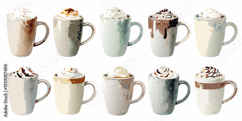 Watercolor illustration of six mugs filled with various hot beverages