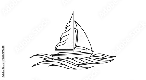 Sailboat Illustration on Water Waves.
