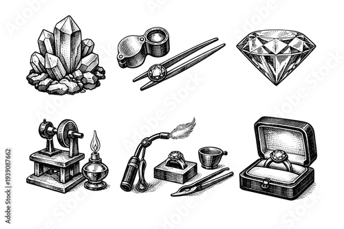 Gemstone Mining and Jewelry Craft Vintage Engraving woodcut Illustration Set