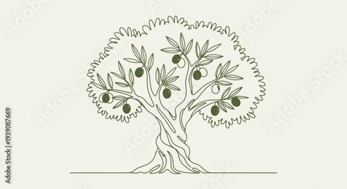 Olive Tree Illustration with Fruits and Leaves.