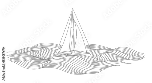 Sailboat Sailing on Ocean Waves Illustration.