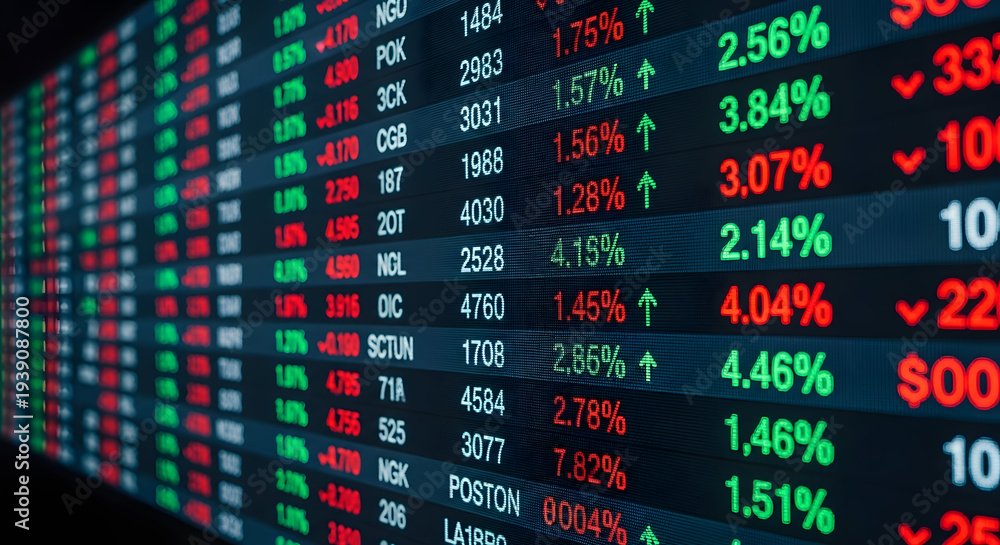 Fototapeta premium Digital display shows fluctuating stock market data with red and green