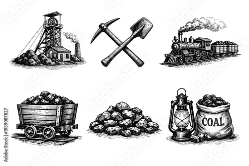 Coal Mining Industry Vintage Engraving woodcut Illustration Set in Hand-Drawn Line Art Style