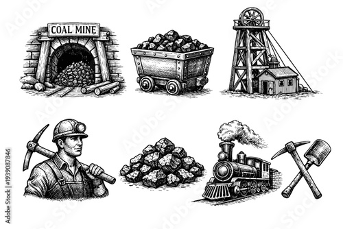 Coal Mining Industry Vintage Engraving woodcut Illustration Set in Hand-Drawn Line Art Style