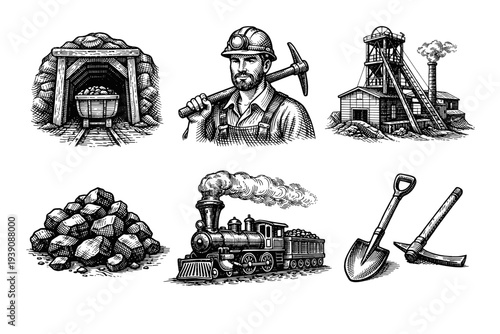 Coal Mining Industry Vintage Engraving woodcut Illustration Set in Hand-Drawn Line Art Style