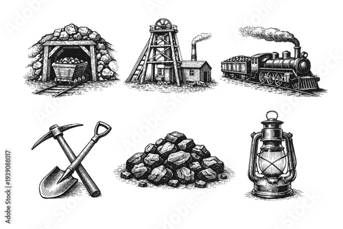 Coal Mining Industry Vintage Engraving woodcut Illustration Set in Hand-Drawn Line Art Style