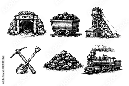 Coal Mining Industry Vintage Engraving woodcut Illustration Set in Hand-Drawn Line Art Style