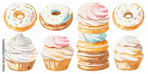 Colorful assortment of watercolor style donuts and cupcakes displayed in a row