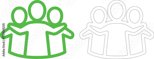 Three green people hugging outline group friendship