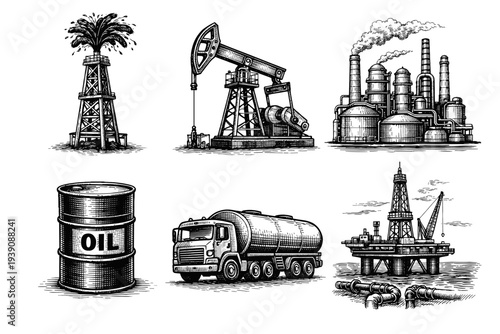 Set of Oil Industry Illustrations in Vintage Woodcut Engraving Style