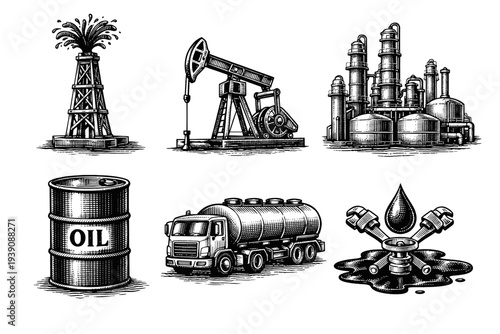 Set of Oil Industry Illustrations in Vintage Woodcut Engraving Style