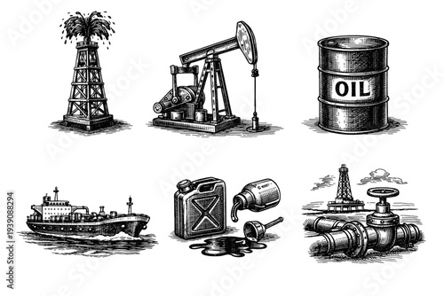 Set of Oil Industry Illustrations in Vintage Woodcut Engraving Style