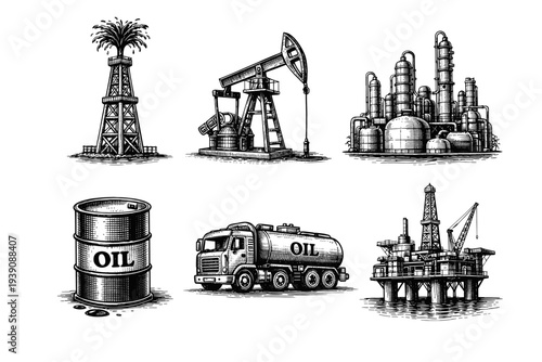 Set of Oil Industry Illustrations in Vintage Woodcut Engraving Style