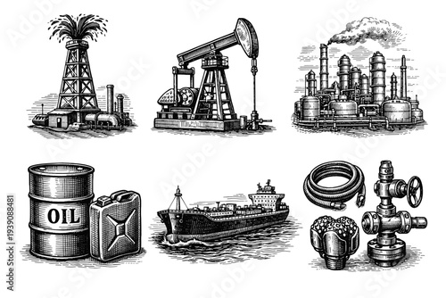 Set of Oil Industry Illustrations in Vintage Woodcut Engraving Style