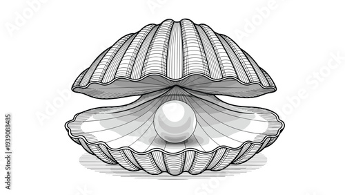 Elegant detailed engraving of an open seashell resting on a surface with a large shiny pearl gleaming inside the shell.