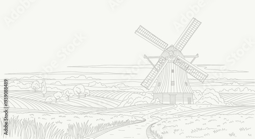 Vintage Windmill Sketch Rural Landscape Scene.