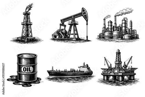 Set of Oil Industry Illustrations in Vintage Woodcut Engraving Style