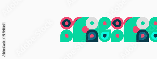 Abstract illustration features colorful figures. Shapes overlap, creating playful composition. Turquoise, pink, teal dominate design.