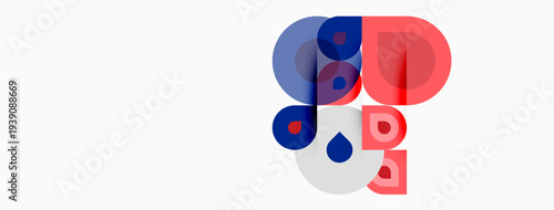 Abstract shapes overlap, creating playful composition. Blue, red, pink hues dominate white background. Modern design element.