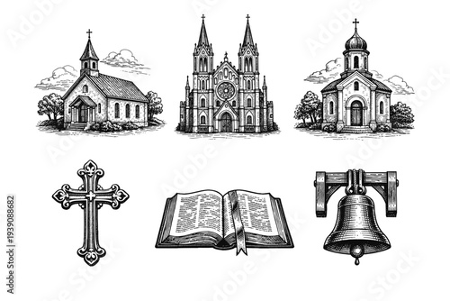 Set of Christian Religious Symbols and Churches in Vintage Woodcut Engraving Style