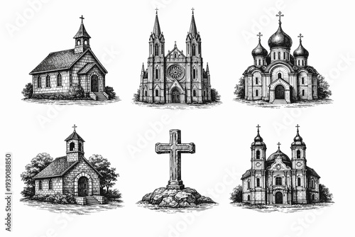Set of Christian Religious Symbols and Churches in Vintage Woodcut Engraving Style